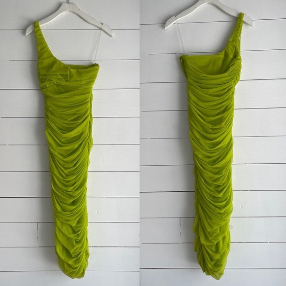 NWOT House of CB Nia Acid Green Ruched MIDI Dress Size XSmall - Picture 3 of 10